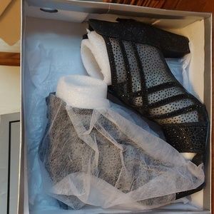 NWB Valenti Franco black glitter/bejeweled 3" heel zip booties.
